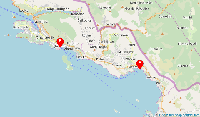 Map of ferry route between Mlini and Dubrovnik (Old Town Port)